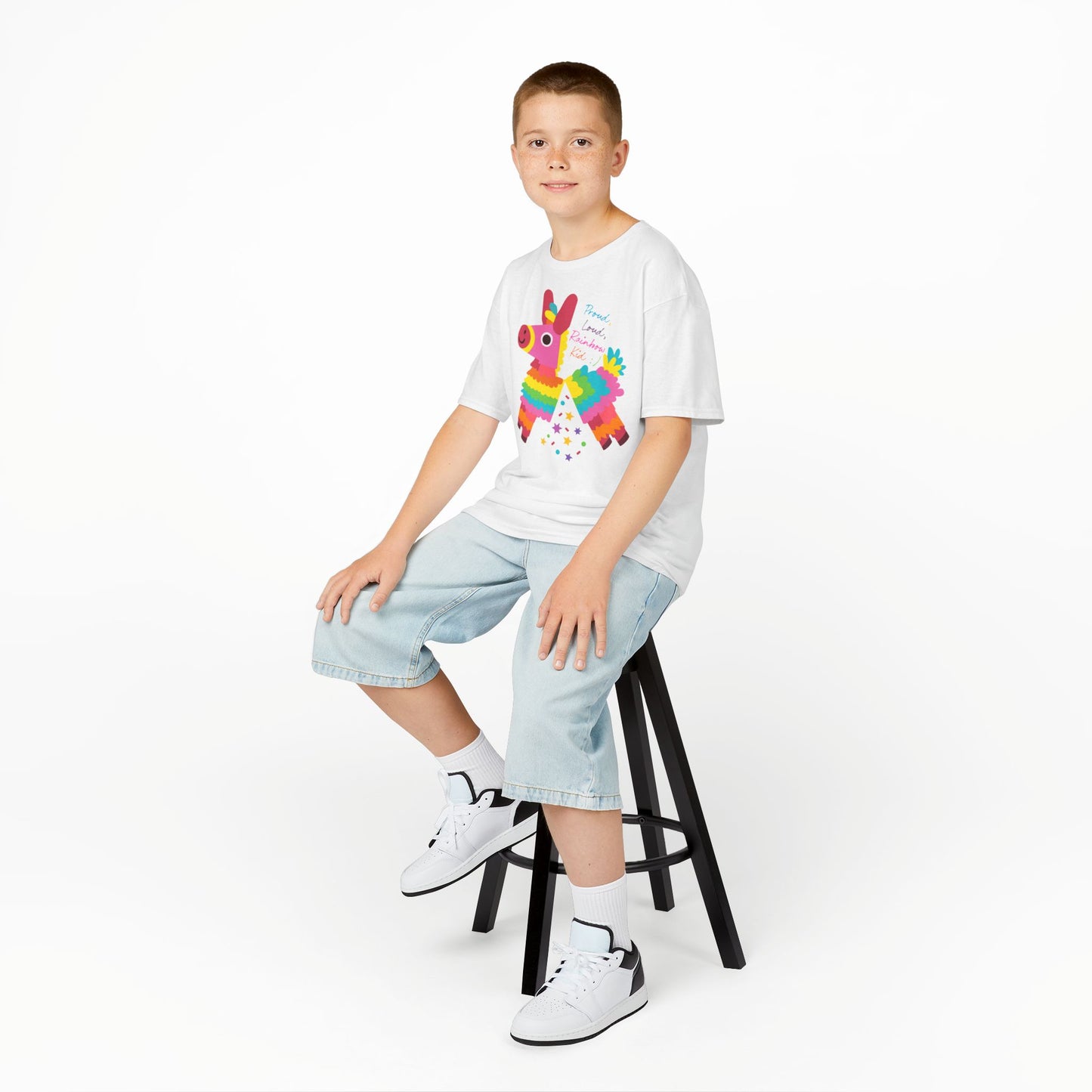 Colorful Kids Loud, Proud Rainbow Kid T-Shirt Pinata, Rainbow Families Australia, LGBTQ+ Apparel, Family Pride Tee