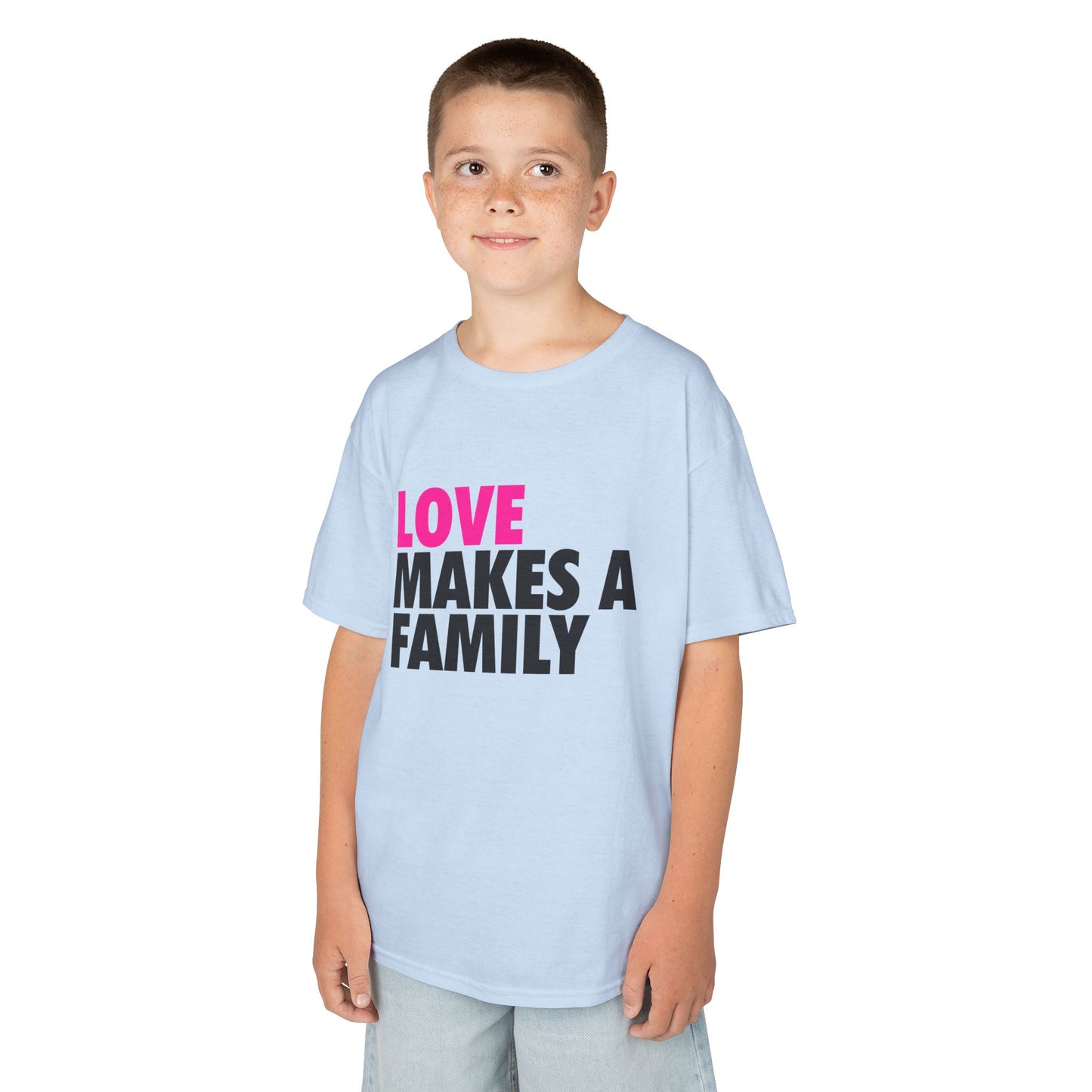 Kids Unisex Love Makes a Family Tee, Youth Cotton T-Shirt, Family Pride Shirt, LGBTQ Merch, Gift for Rainbow Kids, Cute Rainbow Families T-Shirt.