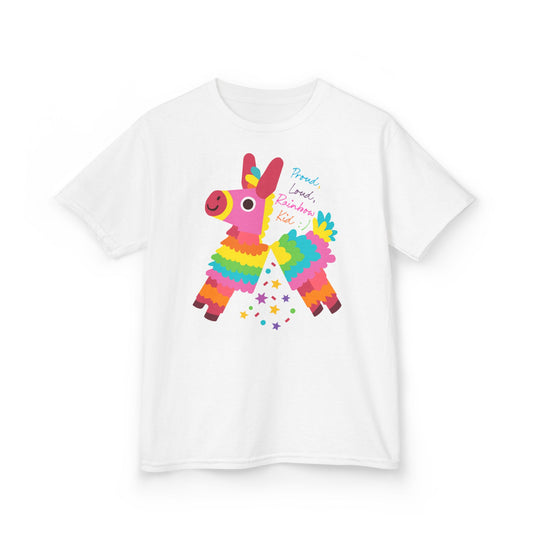 Colorful Kids Loud, Proud Rainbow Kid T-Shirt Pinata, Rainbow Families Australia, LGBTQ+ Apparel, Family Pride Tee