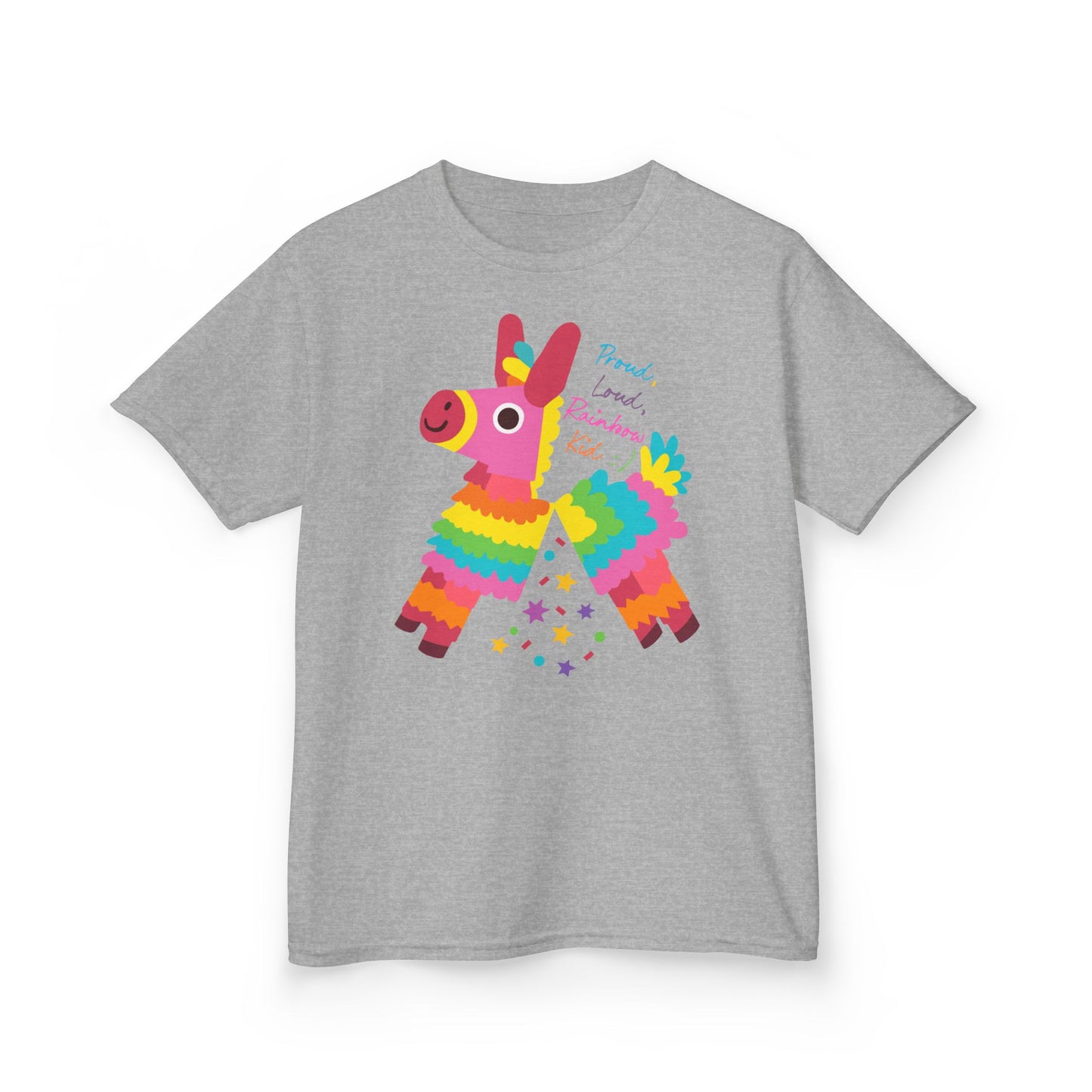 Colorful Kids Loud, Proud Rainbow Kid T-Shirt Pinata, Rainbow Families Australia, LGBTQ+ Apparel, Family Pride Tee