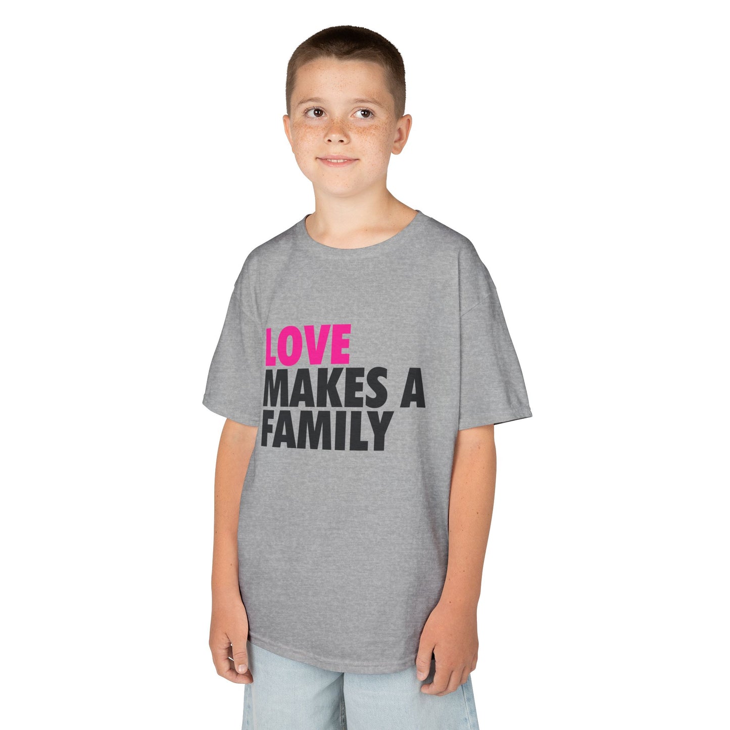 Kids Unisex Love Makes a Family Tee, Youth Cotton T-Shirt, Family Pride Shirt, LGBTQ Merch, Gift for Rainbow Kids, Cute Rainbow Families T-Shirt.