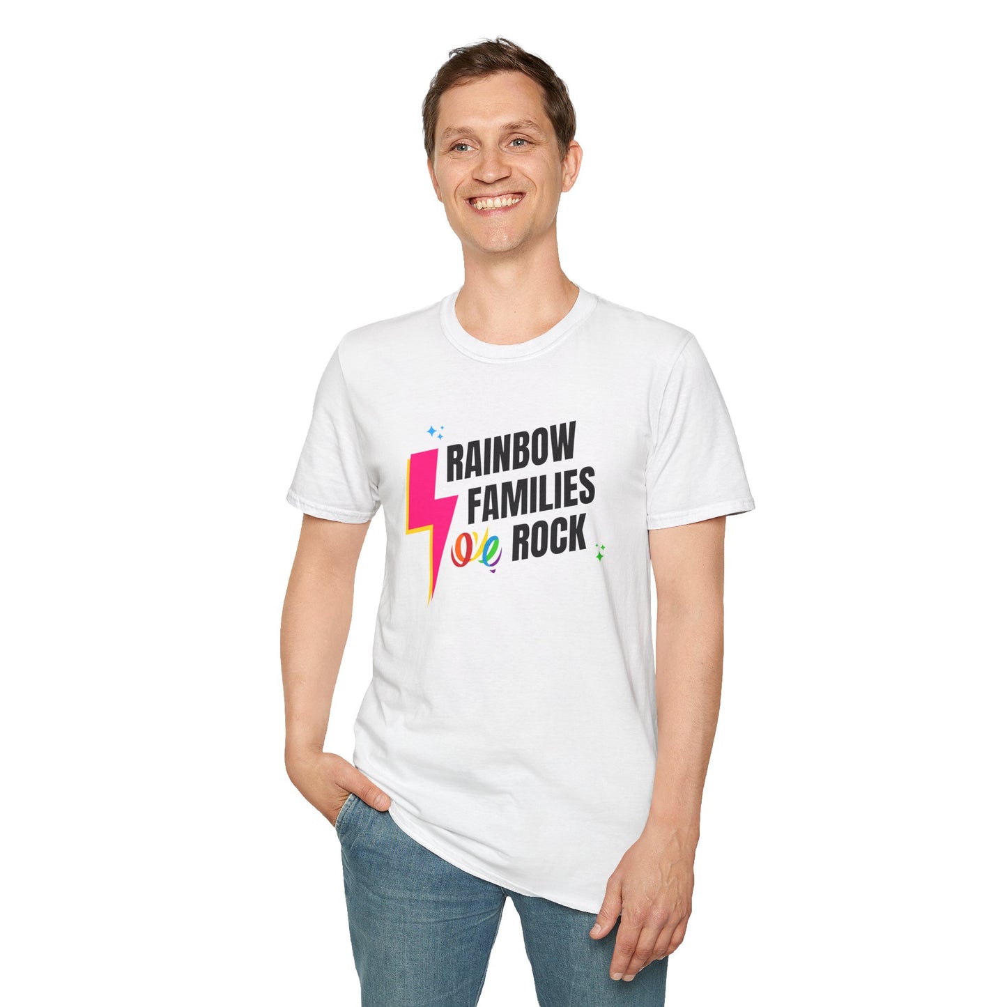 Rainbow Families Rock T-Shirt | Unisex Softstyle Pride Tee | LGBTQ+ Pride Shirt | Family Love Apparel | Inclusive Gift for Celebrations, Rainbow Families Australia