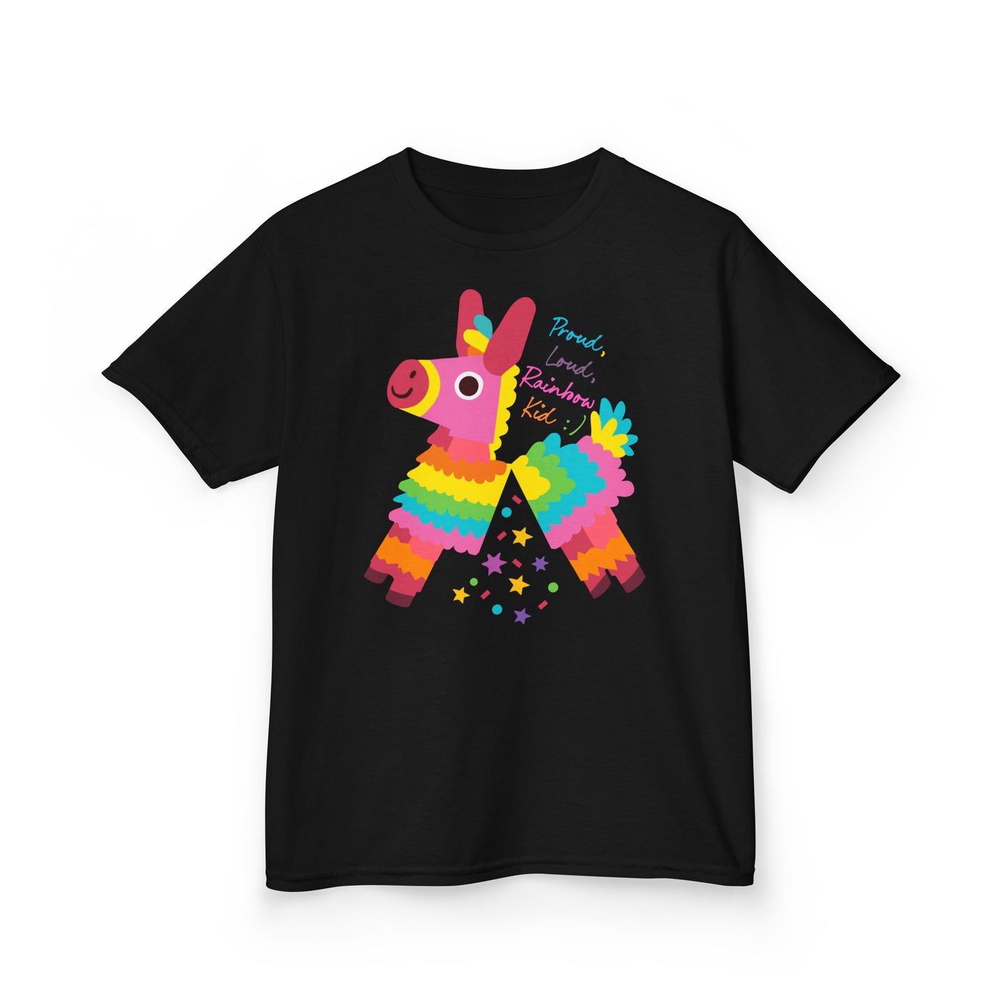 Colorful Kids Loud, Proud Rainbow Kid T-Shirt Pinata, Rainbow Families Australia, LGBTQ+ Apparel, Family Pride Tee