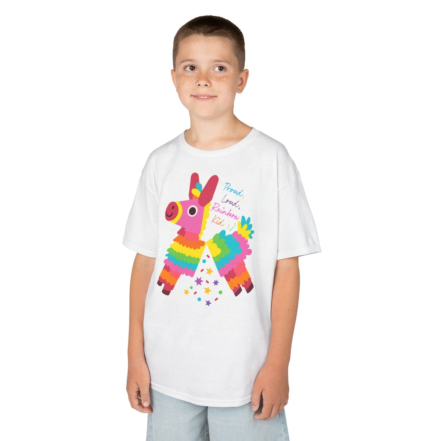 Colorful Kids Loud, Proud Rainbow Kid T-Shirt Pinata, Rainbow Families Australia, LGBTQ+ Apparel, Family Pride Tee