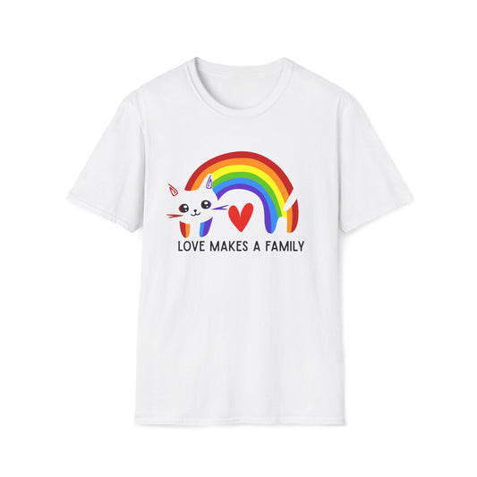 Rainbow Love Makes a Family T-Shirt, LGBTQ+ Unisex Softstyle Tee, Pride Fashion, LGBTIQA+ Apparel, Gift for Family Celebrations, Cute Cat Design, Queer Apparel