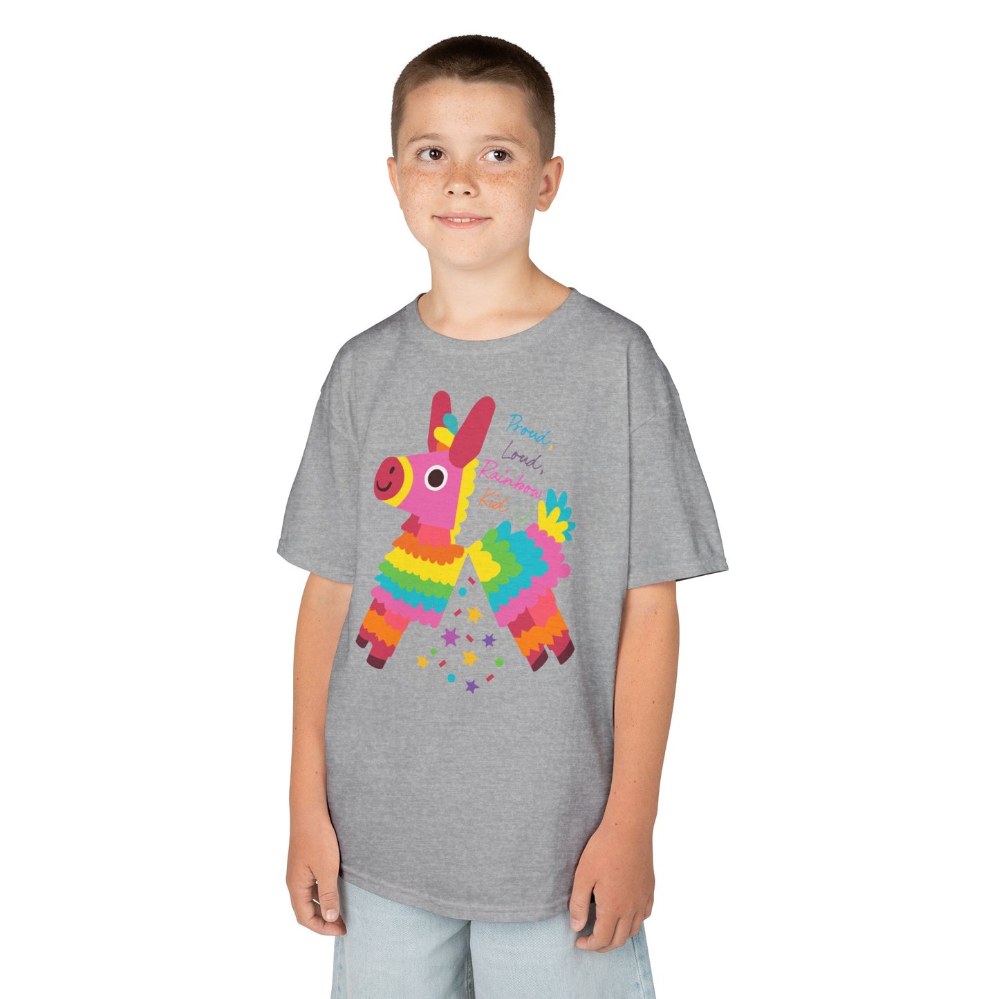 Colorful Kids Loud, Proud Rainbow Kid T-Shirt Pinata, Rainbow Families Australia, LGBTQ+ Apparel, Family Pride Tee