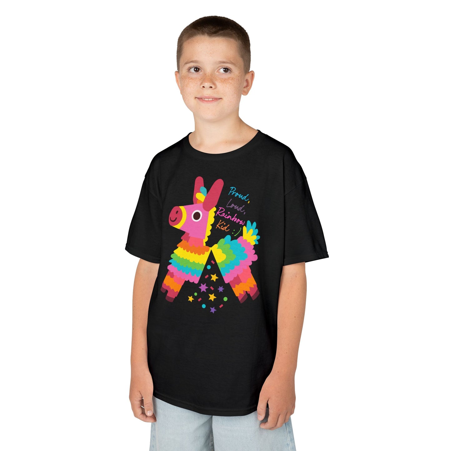 Colorful Kids Loud, Proud Rainbow Kid T-Shirt Pinata, Rainbow Families Australia, LGBTQ+ Apparel, Family Pride Tee