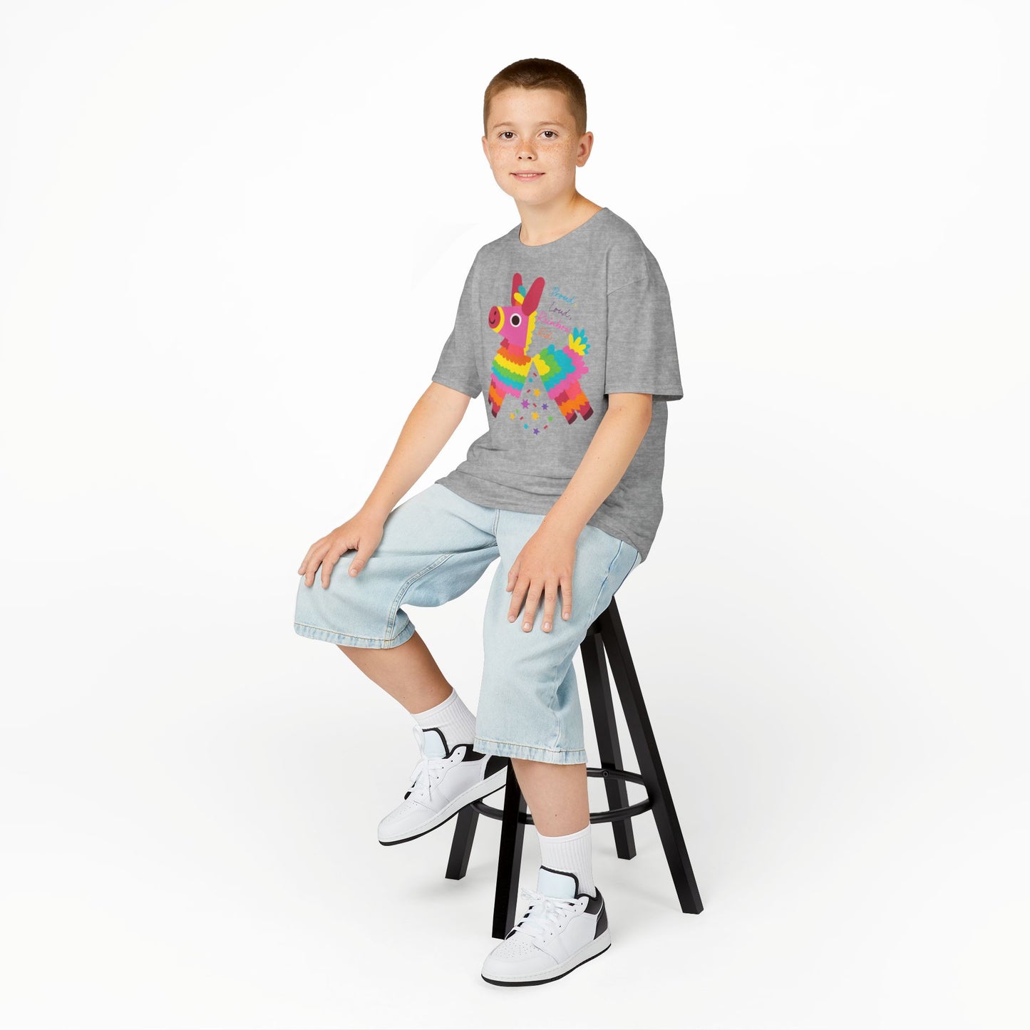 Colorful Kids Loud, Proud Rainbow Kid T-Shirt Pinata, Rainbow Families Australia, LGBTQ+ Apparel, Family Pride Tee