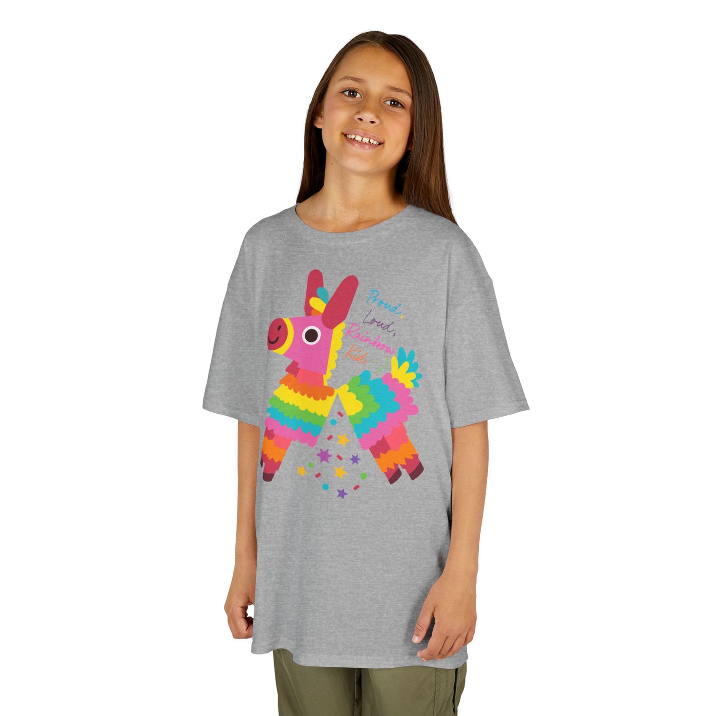Colorful Kids Loud, Proud Rainbow Kid T-Shirt Pinata, Rainbow Families Australia, LGBTQ+ Apparel, Family Pride Tee