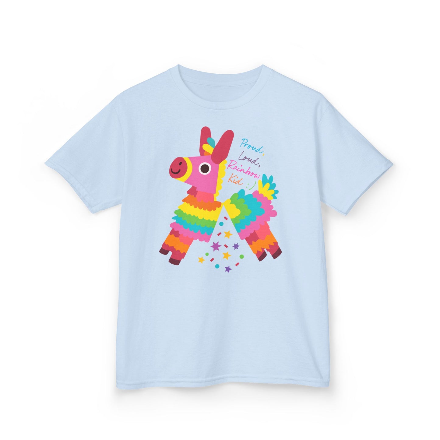 Colorful Kids Loud, Proud Rainbow Kid T-Shirt Pinata, Rainbow Families Australia, LGBTQ+ Apparel, Family Pride Tee