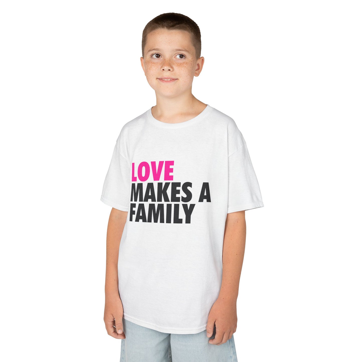 Kids Unisex Love Makes a Family Tee, Youth Cotton T-Shirt, Family Pride Shirt, LGBTQ Merch, Gift for Rainbow Kids, Cute Rainbow Families T-Shirt.