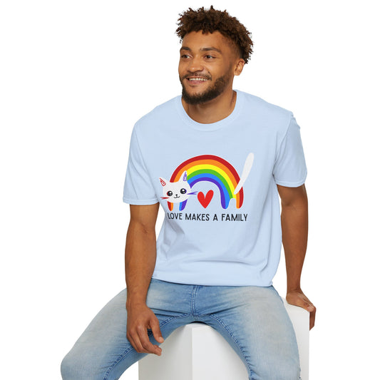 Rainbow Love Makes a Family T-Shirt, LGBTQ+ Unisex Softstyle Tee, Pride Fashion, LGBTIQA+ Apparel, Gift for Family Celebrations, Cute Cat Design, Queer Apparel