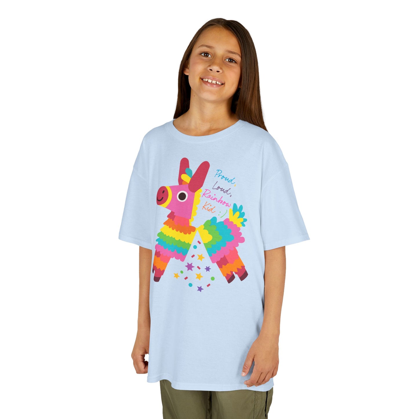 Colorful Kids Loud, Proud Rainbow Kid T-Shirt Pinata, Rainbow Families Australia, LGBTQ+ Apparel, Family Pride Tee