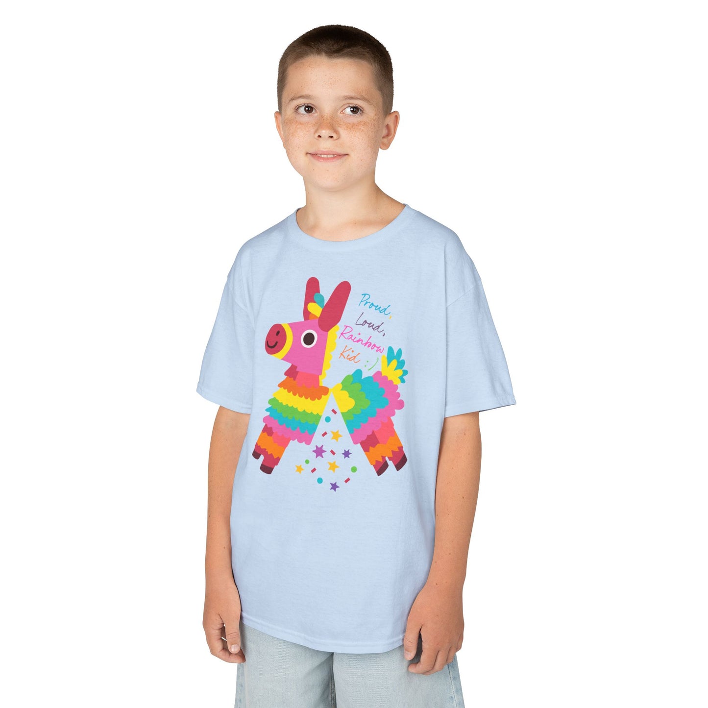 Colorful Kids Loud, Proud Rainbow Kid T-Shirt Pinata, Rainbow Families Australia, LGBTQ+ Apparel, Family Pride Tee