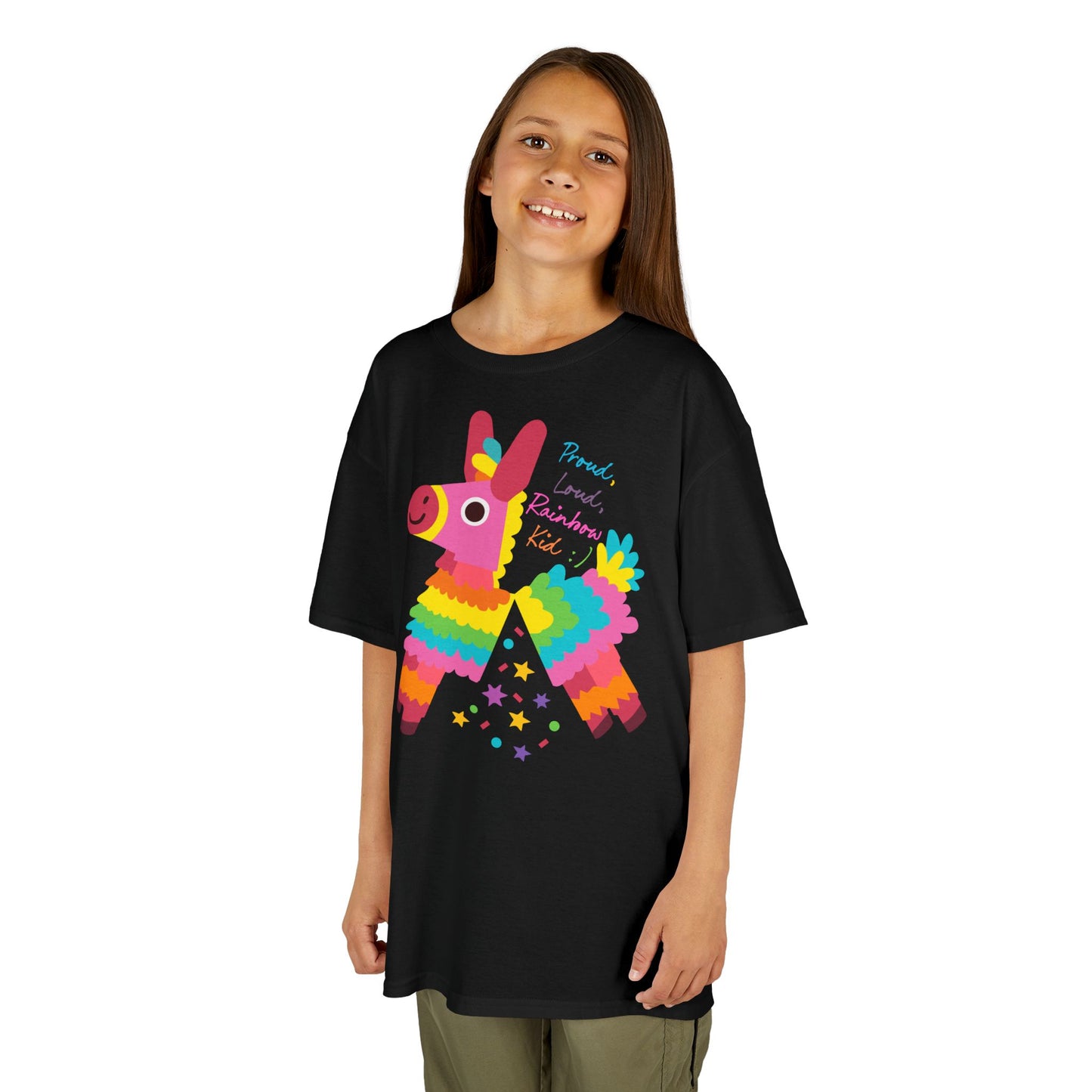 Colorful Kids Loud, Proud Rainbow Kid T-Shirt Pinata, Rainbow Families Australia, LGBTQ+ Apparel, Family Pride Tee