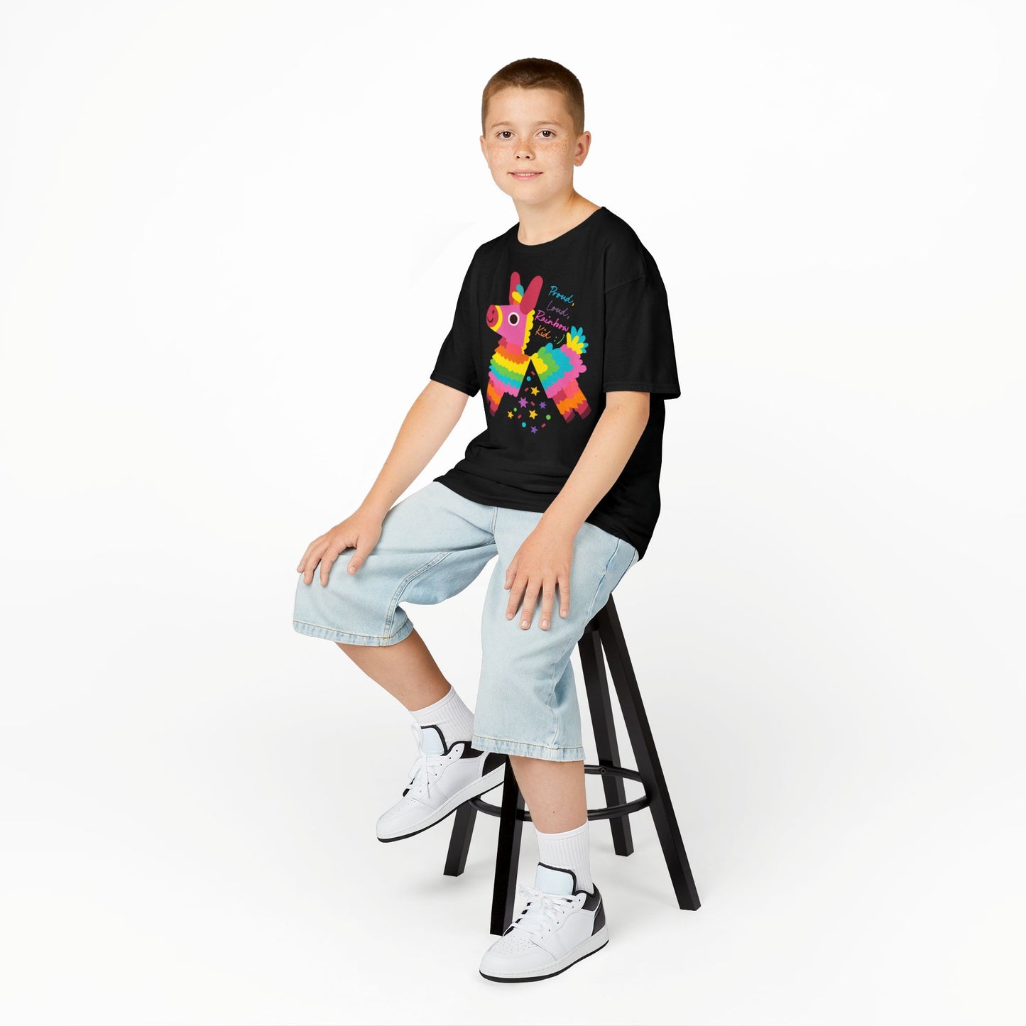 Colorful Kids Loud, Proud Rainbow Kid T-Shirt Pinata, Rainbow Families Australia, LGBTQ+ Apparel, Family Pride Tee