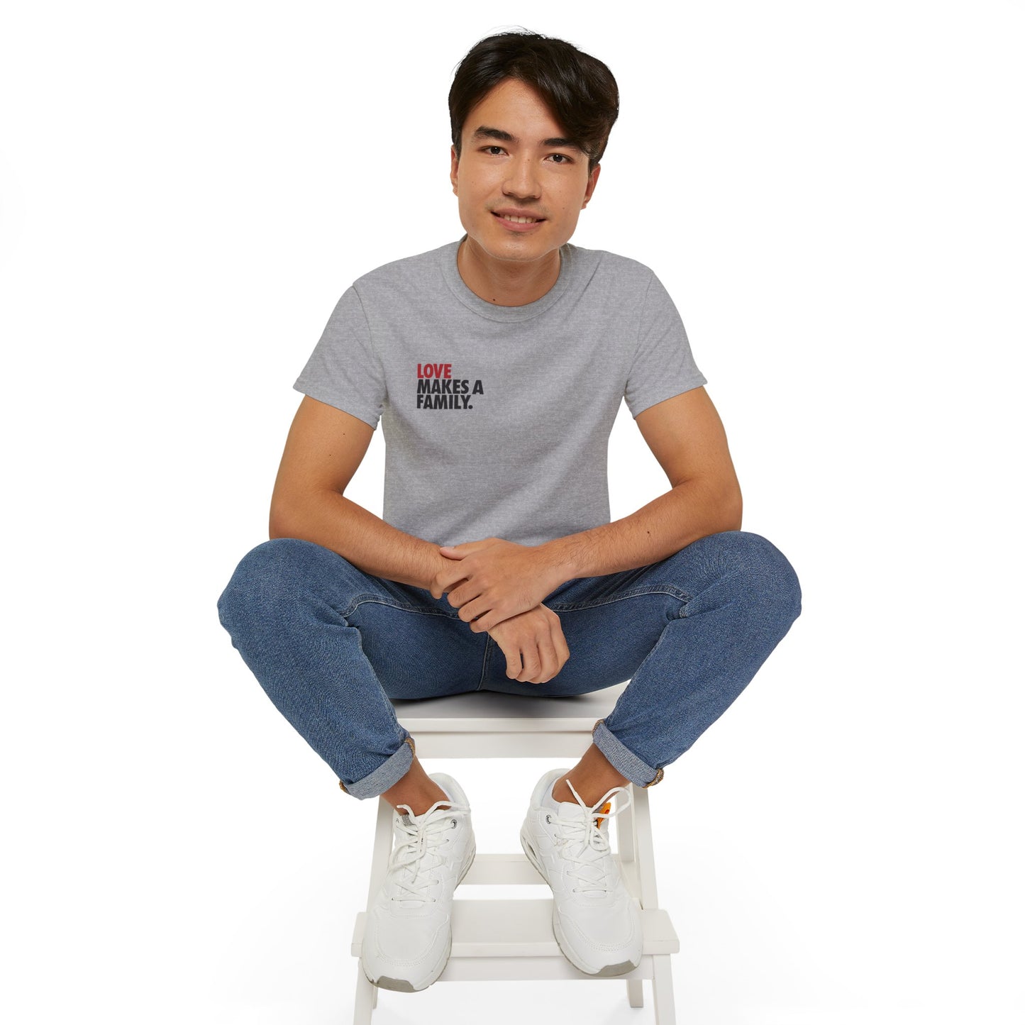 Love Makes A Family Unisex Ultra Cotton Tee, Rainbow Families T-Shirt, LGBTQ+ T-shirt, Queer Apparel, Pride Tee, Queer Families Tee, Rainbow Merch