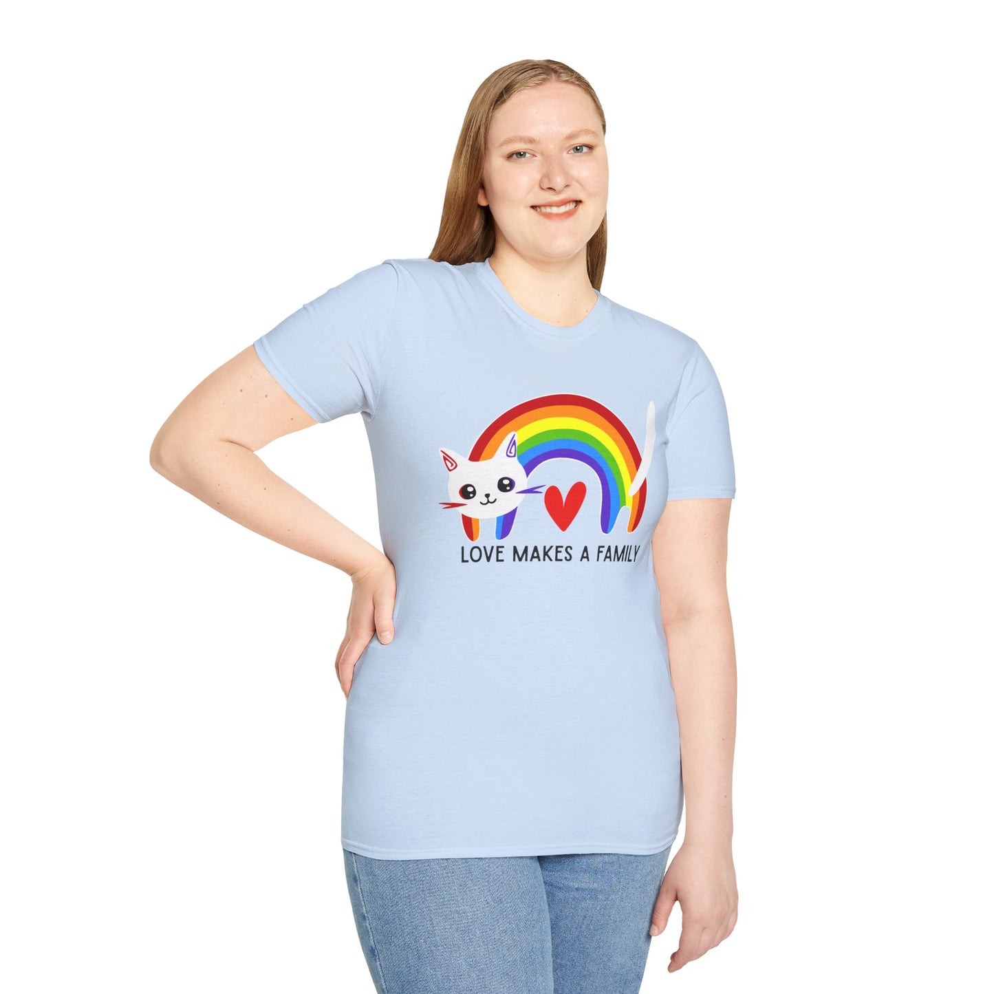 Rainbow Love Makes a Family T-Shirt, LGBTQ+ Unisex Softstyle Tee, Pride Fashion, LGBTIQA+ Apparel, Gift for Family Celebrations, Cute Cat Design, Queer Apparel