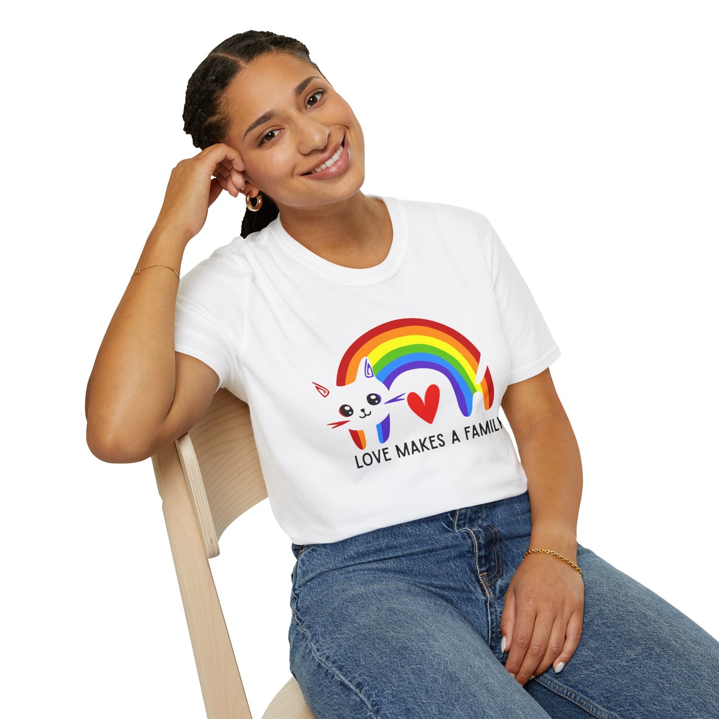Rainbow Love Makes a Family T-Shirt, LGBTQ+ Unisex Softstyle Tee, Pride Fashion, LGBTIQA+ Apparel, Gift for Family Celebrations, Cute Cat Design, Queer Apparel