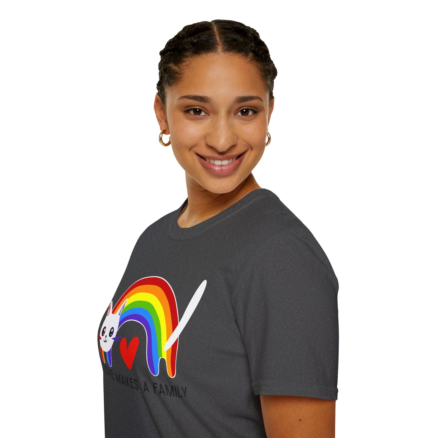 Rainbow Love Makes a Family T-Shirt, LGBTQ+ Unisex Softstyle Tee, Pride Fashion, LGBTIQA+ Apparel, Gift for Family Celebrations, Cute Cat Design, Queer Apparel