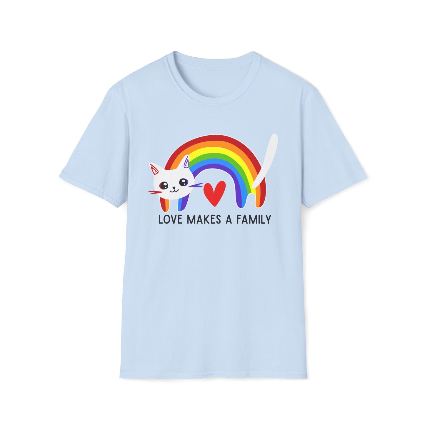 Rainbow Love Makes a Family T-Shirt, LGBTQ+ Unisex Softstyle Tee, Pride Fashion, LGBTIQA+ Apparel, Gift for Family Celebrations, Cute Cat Design, Queer Apparel