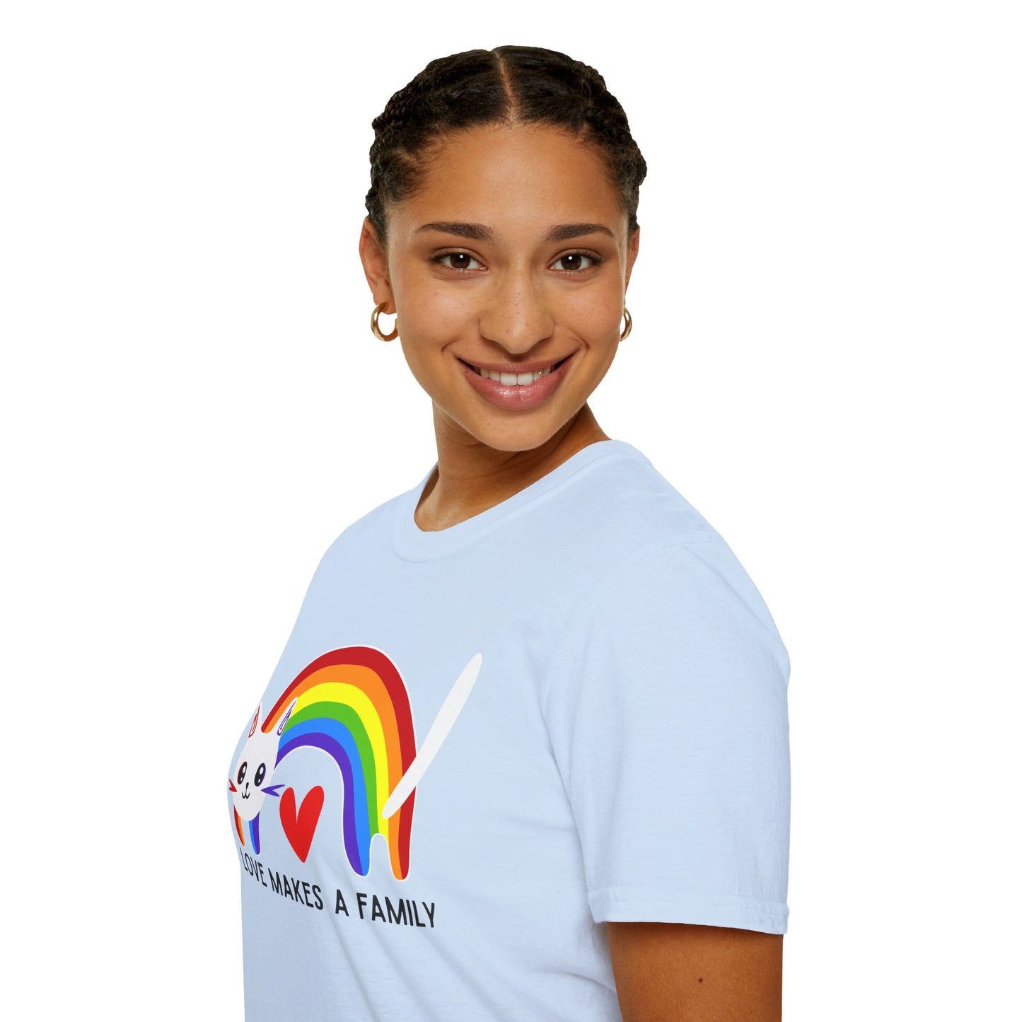 Rainbow Love Makes a Family T-Shirt, LGBTQ+ Unisex Softstyle Tee, Pride Fashion, LGBTIQA+ Apparel, Gift for Family Celebrations, Cute Cat Design, Queer Apparel