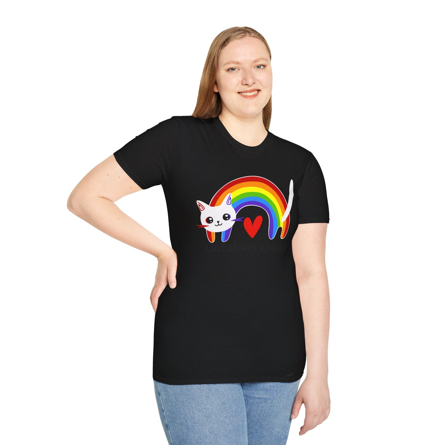 Rainbow Love Makes a Family T-Shirt, LGBTQ+ Unisex Softstyle Tee, Pride Fashion, LGBTIQA+ Apparel, Gift for Family Celebrations, Cute Cat Design, Queer Apparel