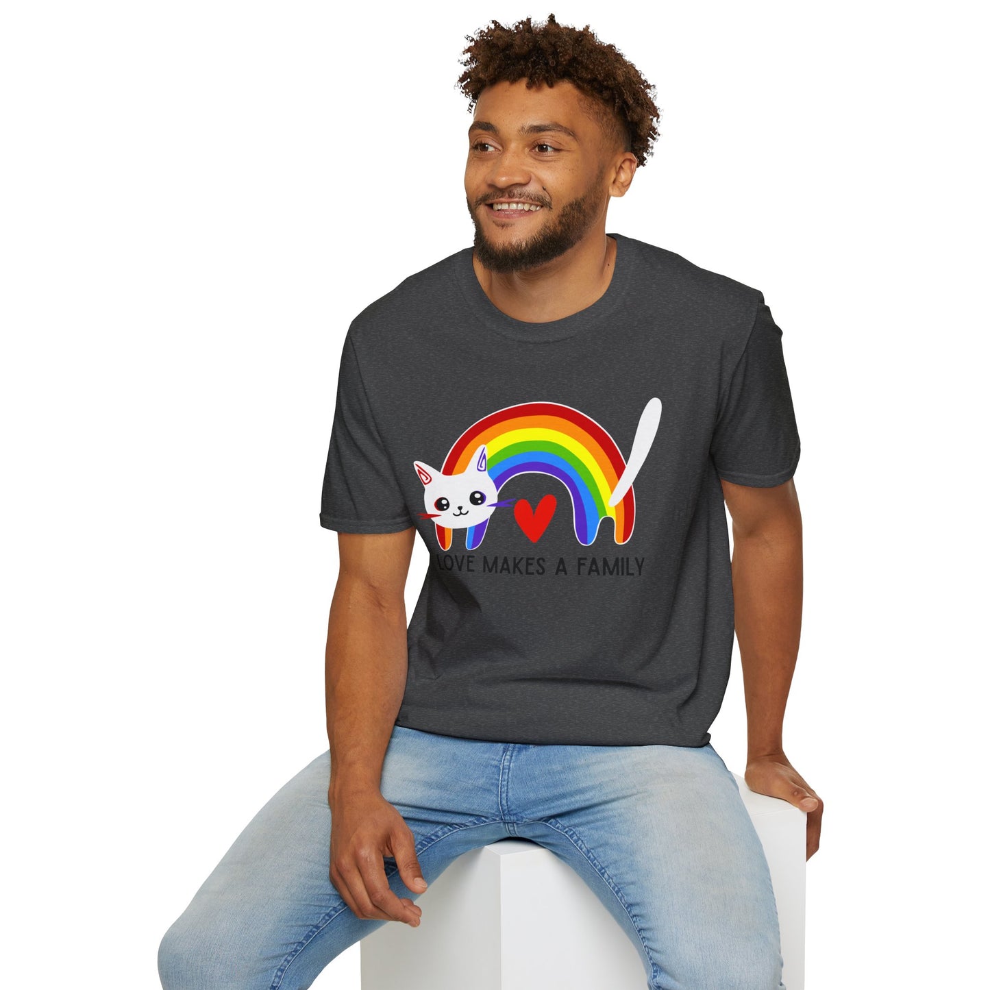 Rainbow Love Makes a Family T-Shirt, LGBTQ+ Unisex Softstyle Tee, Pride Fashion, LGBTIQA+ Apparel, Gift for Family Celebrations, Cute Cat Design, Queer Apparel