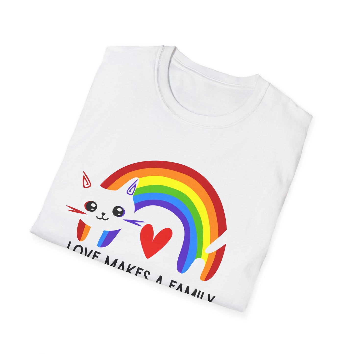 Rainbow Love Makes a Family T-Shirt, LGBTQ+ Unisex Softstyle Tee, Pride Fashion, LGBTIQA+ Apparel, Gift for Family Celebrations, Cute Cat Design, Queer Apparel
