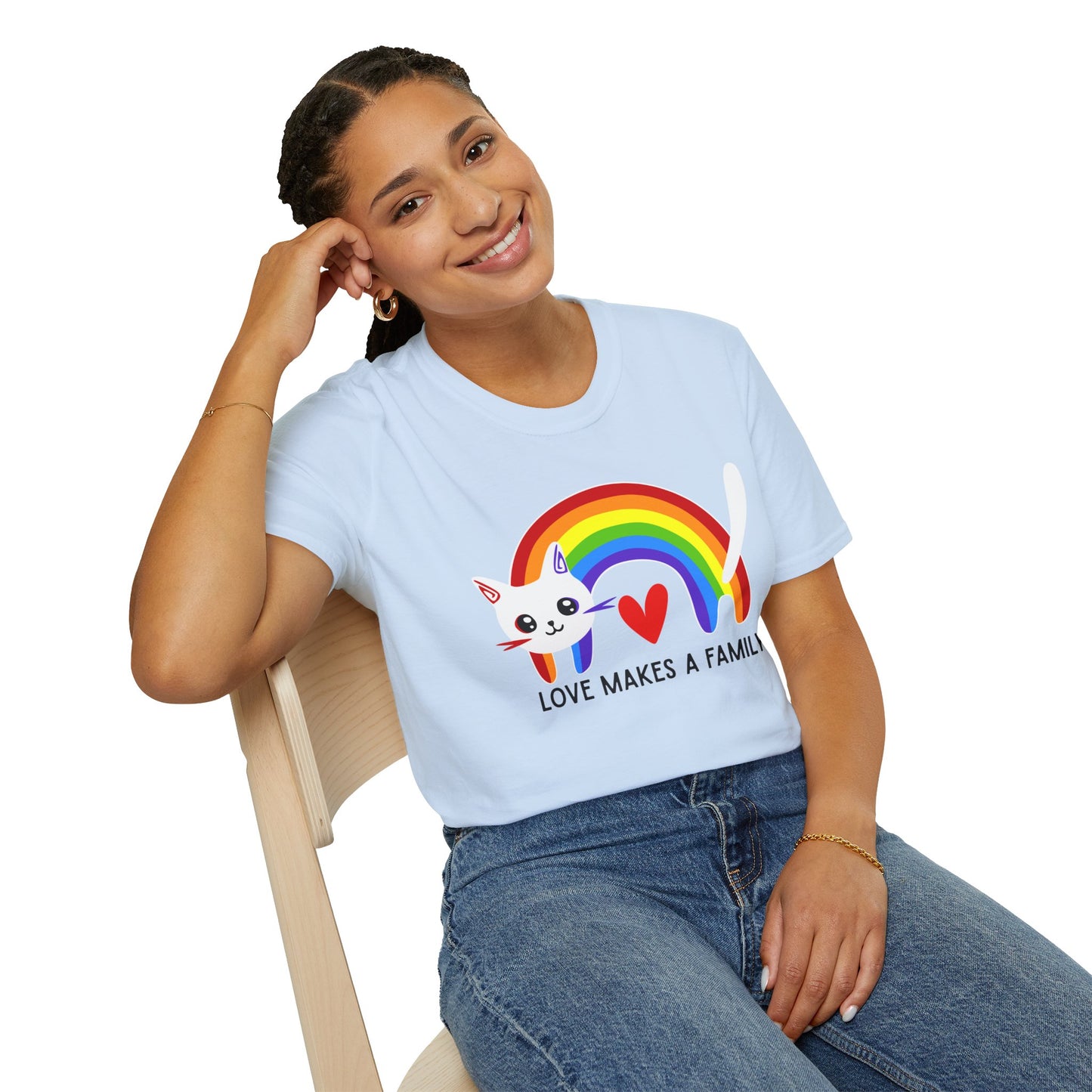 Rainbow Love Makes a Family T-Shirt, LGBTQ+ Unisex Softstyle Tee, Pride Fashion, LGBTIQA+ Apparel, Gift for Family Celebrations, Cute Cat Design, Queer Apparel