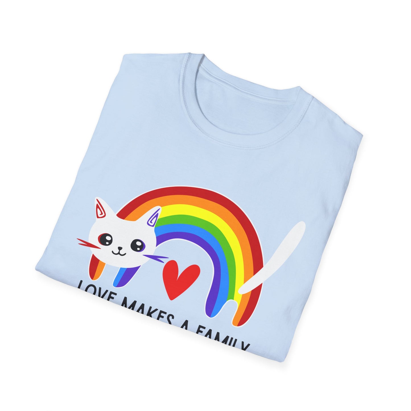 Rainbow Love Makes a Family T-Shirt, LGBTQ+ Unisex Softstyle Tee, Pride Fashion, LGBTIQA+ Apparel, Gift for Family Celebrations, Cute Cat Design, Queer Apparel
