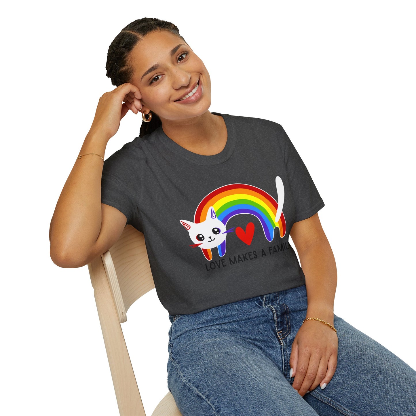 Rainbow Love Makes a Family T-Shirt, LGBTQ+ Unisex Softstyle Tee, Pride Fashion, LGBTIQA+ Apparel, Gift for Family Celebrations, Cute Cat Design, Queer Apparel