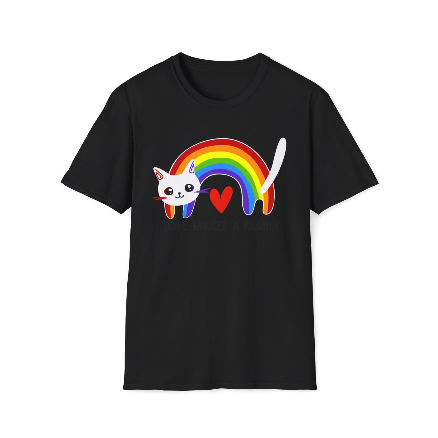 Rainbow Love Makes a Family T-Shirt, LGBTQ+ Unisex Softstyle Tee, Pride Fashion, LGBTIQA+ Apparel, Gift for Family Celebrations, Cute Cat Design, Queer Apparel