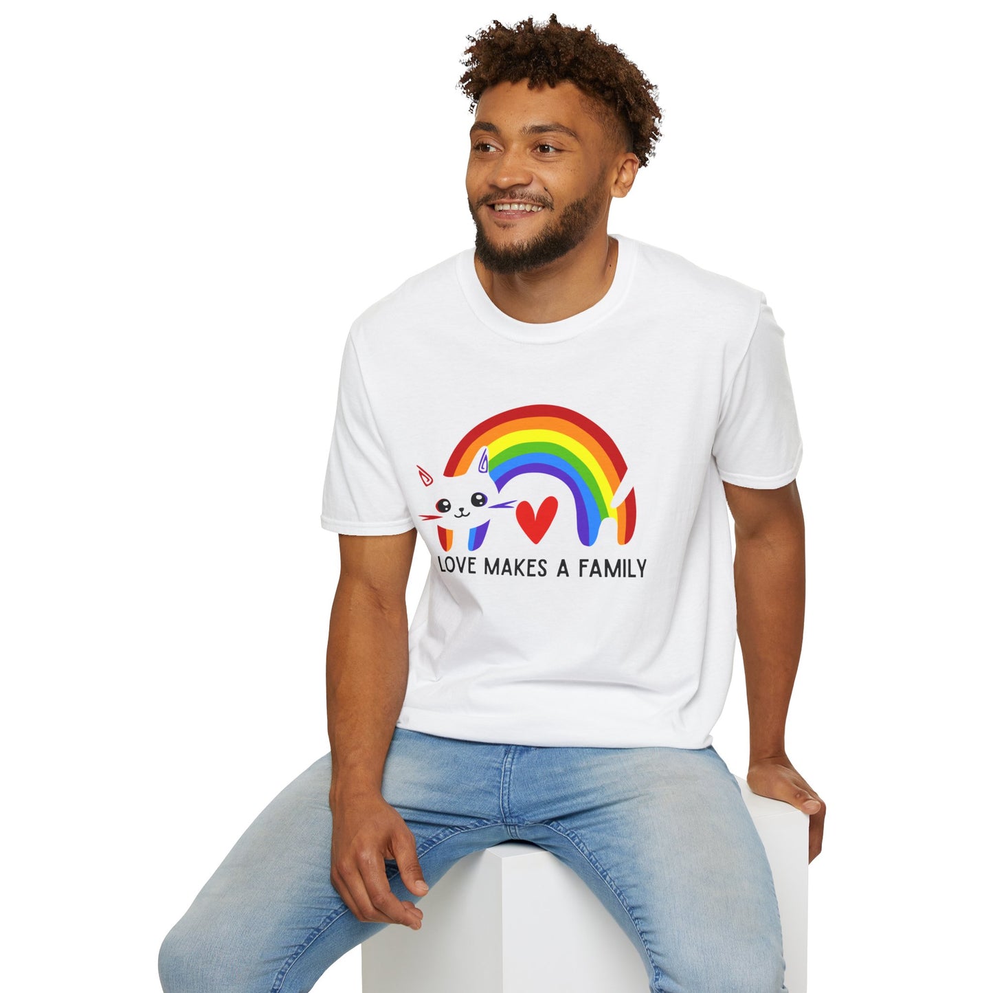 Rainbow Love Makes a Family T-Shirt, LGBTQ+ Unisex Softstyle Tee, Pride Fashion, LGBTIQA+ Apparel, Gift for Family Celebrations, Cute Cat Design, Queer Apparel
