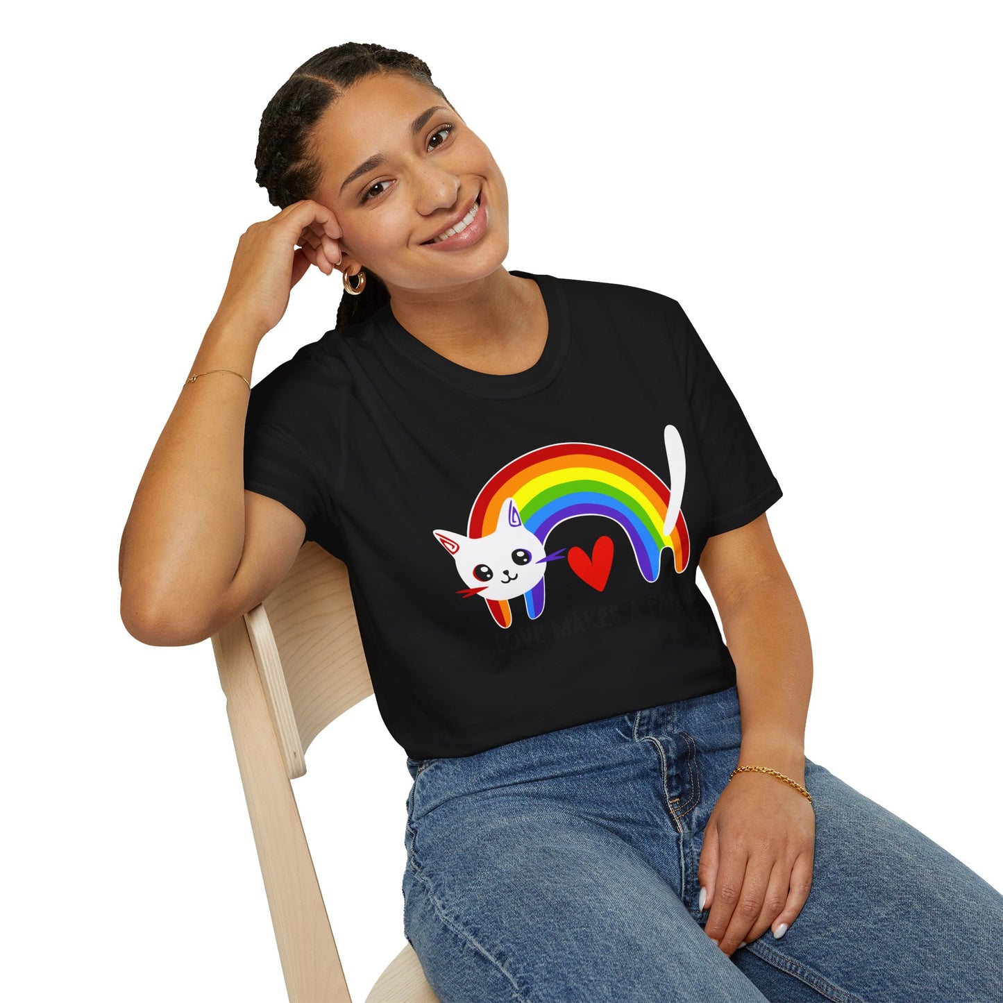 Rainbow Love Makes a Family T-Shirt, LGBTQ+ Unisex Softstyle Tee, Pride Fashion, LGBTIQA+ Apparel, Gift for Family Celebrations, Cute Cat Design, Queer Apparel