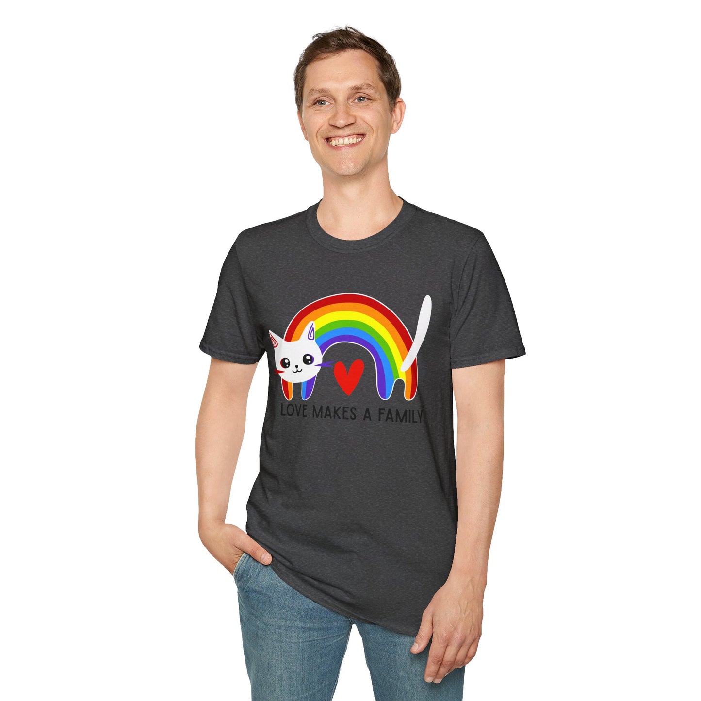 Rainbow Love Makes a Family T-Shirt, LGBTQ+ Unisex Softstyle Tee, Pride Fashion, LGBTIQA+ Apparel, Gift for Family Celebrations, Cute Cat Design, Queer Apparel