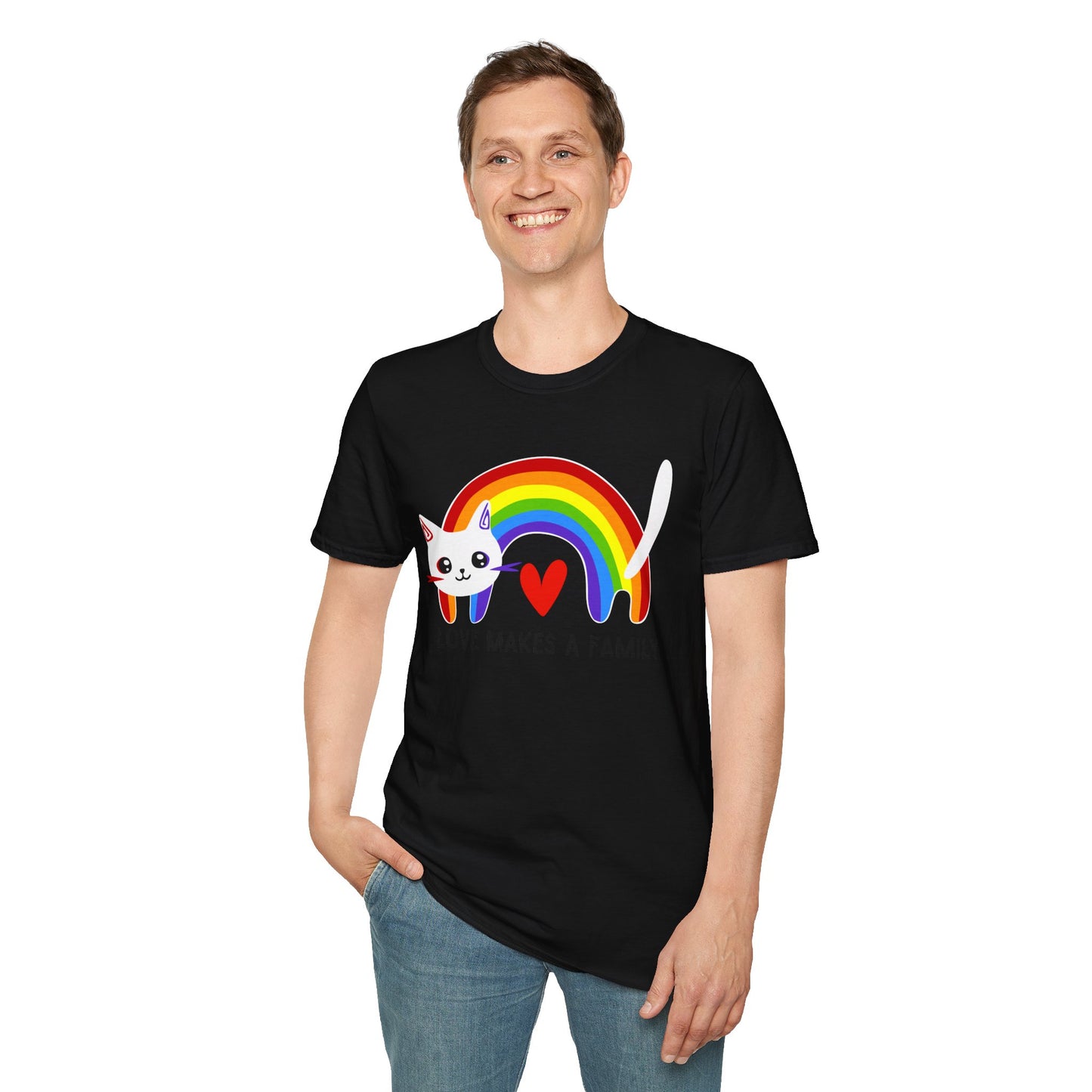 Rainbow Love Makes a Family T-Shirt, LGBTQ+ Unisex Softstyle Tee, Pride Fashion, LGBTIQA+ Apparel, Gift for Family Celebrations, Cute Cat Design, Queer Apparel