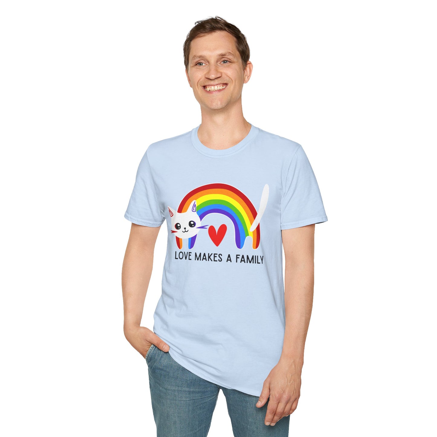 Rainbow Love Makes a Family T-Shirt, LGBTQ+ Unisex Softstyle Tee, Pride Fashion, LGBTIQA+ Apparel, Gift for Family Celebrations, Cute Cat Design, Queer Apparel