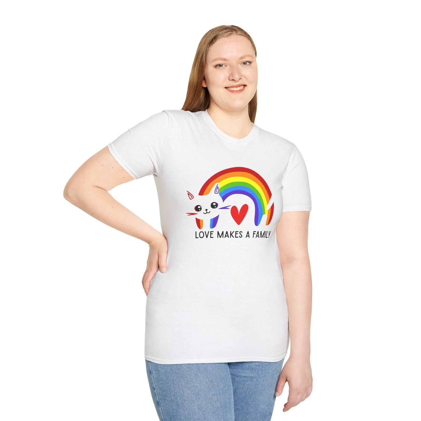 Rainbow Love Makes a Family T-Shirt, LGBTQ+ Unisex Softstyle Tee, Pride Fashion, LGBTIQA+ Apparel, Gift for Family Celebrations, Cute Cat Design, Queer Apparel
