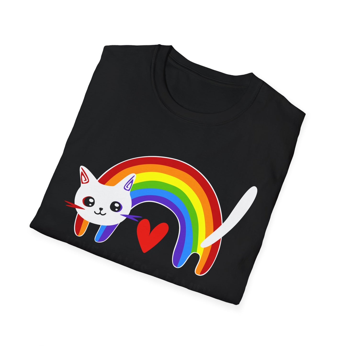 Rainbow Love Makes a Family T-Shirt, LGBTQ+ Unisex Softstyle Tee, Pride Fashion, LGBTIQA+ Apparel, Gift for Family Celebrations, Cute Cat Design, Queer Apparel